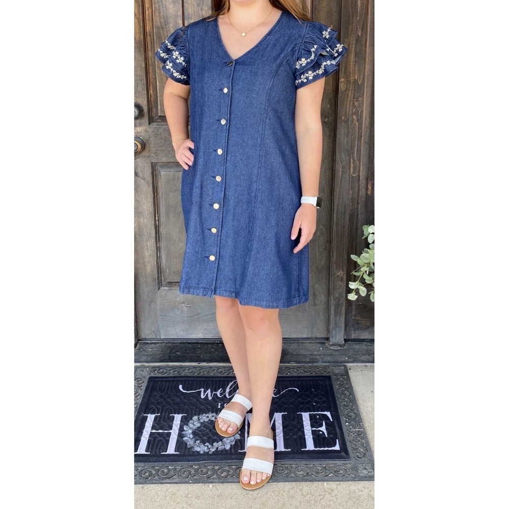 Layerz Clothing Denim Dress Ruffle Embroidered Button Down Denim Dress Boutique